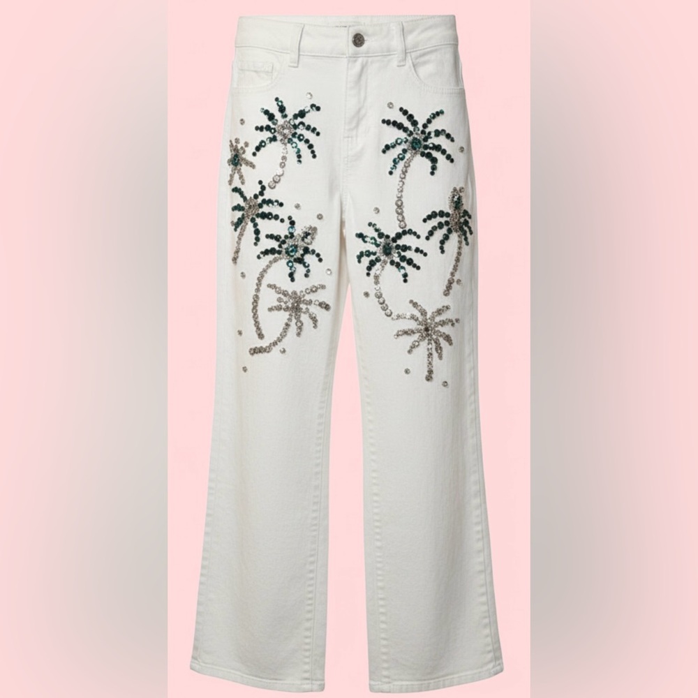 Noli White Wide-Leg Jeans with Green and Silver Sequin Palm Motifs